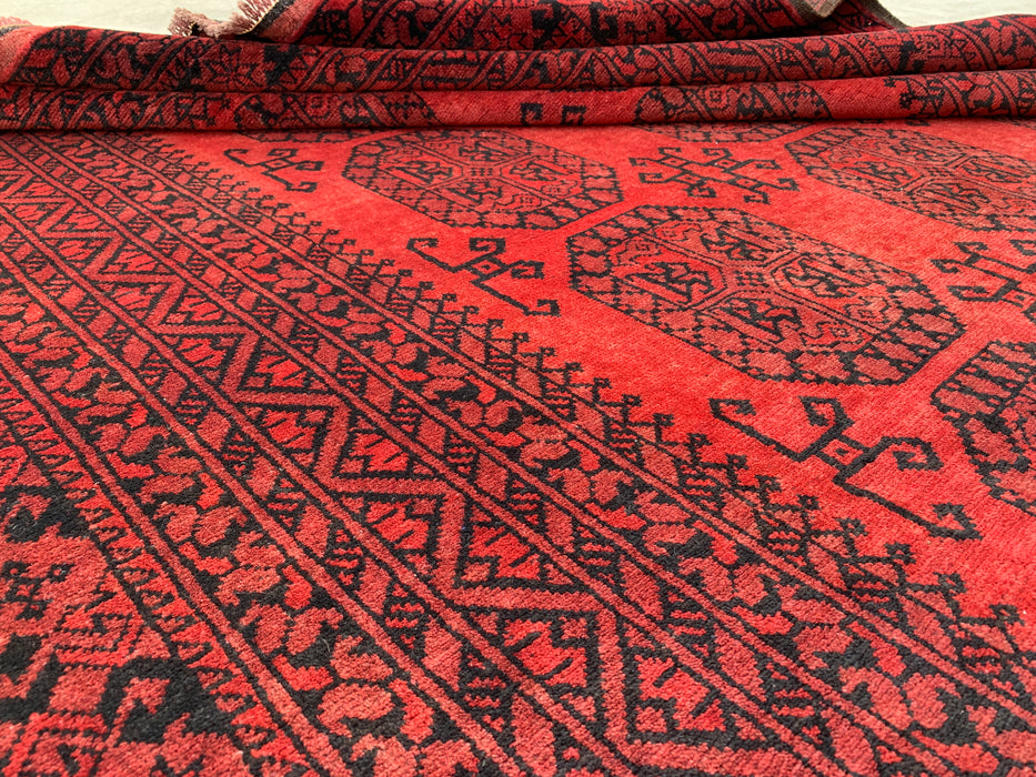 Handgemaakt Perzisch wollen vloerkleed 210x300 cm - Dieprood & zwart geometrisch kleed in Perzische stijl - Exacte afmetingen 292 cm x 206 cm - KBHM-1203