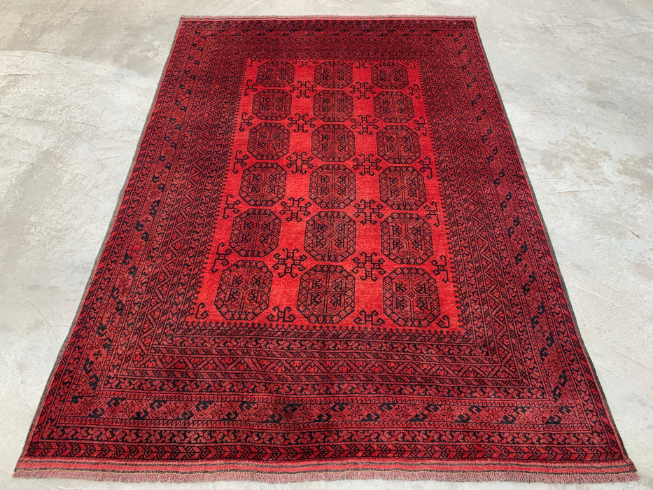 Handgemaakt Perzisch wollen vloerkleed 210x300 cm - Dieprood & zwart geometrisch kleed in Perzische stijl - Exacte afmetingen 292 cm x 206 cm - KBHM-1203