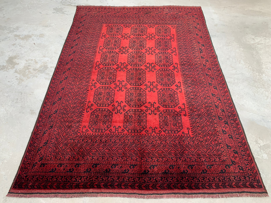 Handgemaakt Perzisch wollen vloerkleed 210x300 cm - Dieprood & zwart geometrisch kleed in Perzische stijl - Exacte afmetingen 292 cm x 206 cm - KBHM-1203
