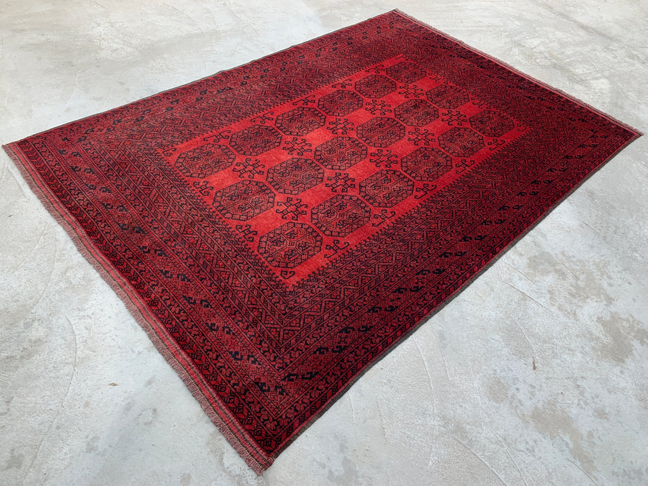 Handgemaakt Perzisch wollen vloerkleed 210x300 cm - Dieprood & zwart geometrisch kleed in Perzische stijl - Exacte afmetingen 292 cm x 206 cm - KBHM-1203
