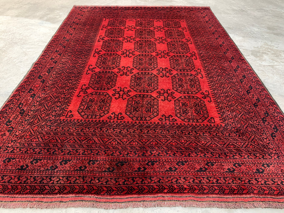 Handgemaakt Perzisch wollen vloerkleed 210x300 cm - Dieprood & zwart geometrisch kleed in Perzische stijl - Exacte afmetingen 292 cm x 206 cm - KBHM-1203