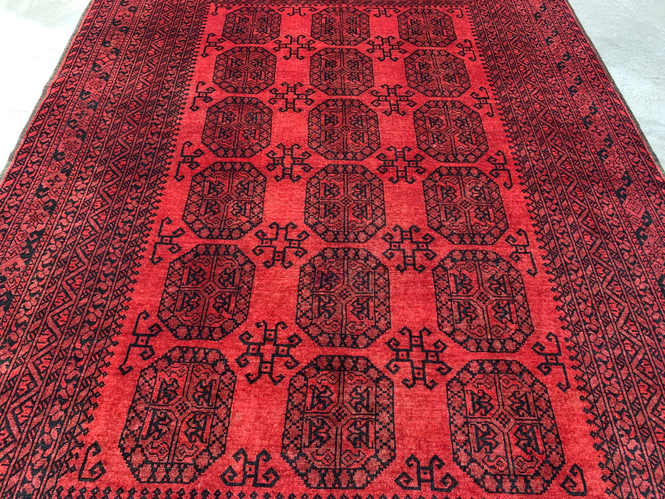 Handgemaakt Perzisch wollen vloerkleed 210x300 cm - Dieprood & zwart geometrisch kleed in Perzische stijl - Exacte afmetingen 292 cm x 206 cm - KBHM-1203