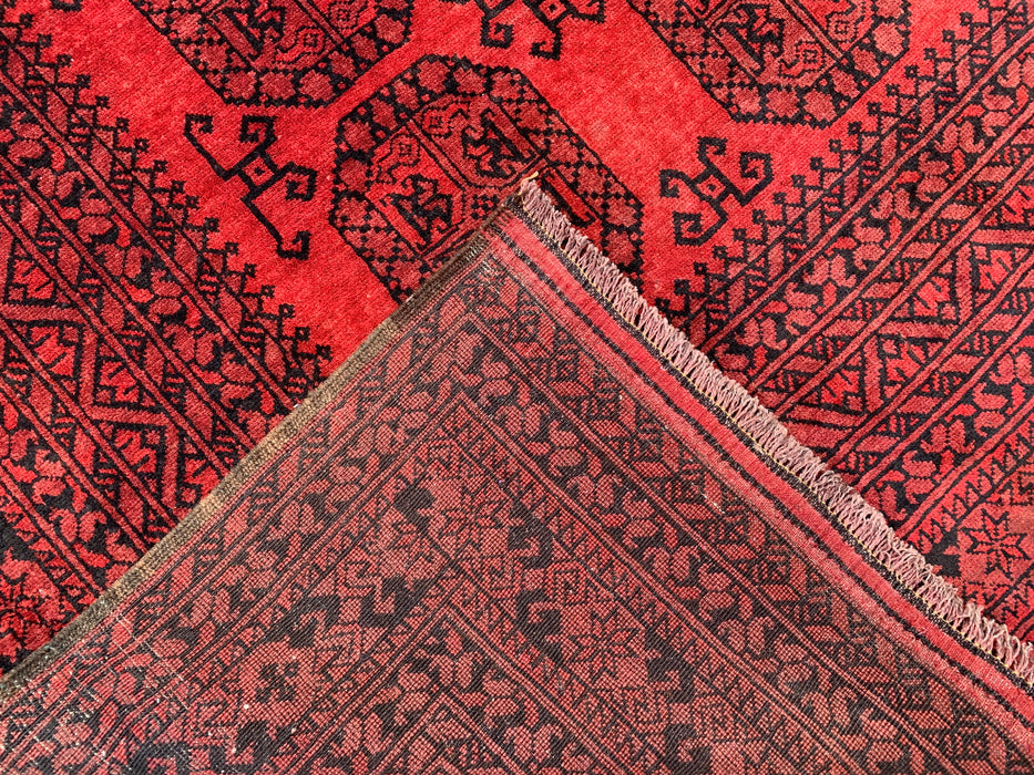Handgemaakt Perzisch wollen vloerkleed 210x300 cm - Dieprood & zwart geometrisch kleed in Perzische stijl - Exacte afmetingen 292 cm x 206 cm - KBHM-1203