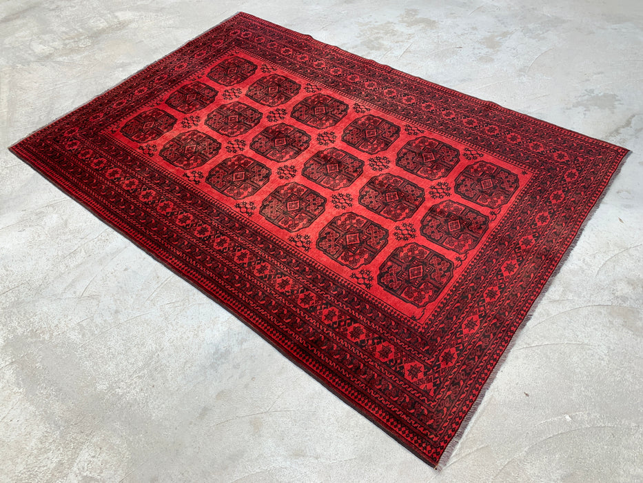 Handgemaakt Perzisch wollen vloerkleed 7x10 - Rood & Zwart geometrisch Perzisch stijl vloerkleed - Exacte maat 9'2" x 6'8" - KBHM-1204