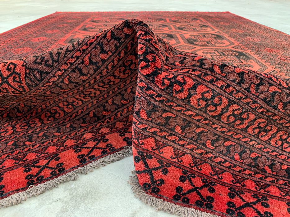 Handgemaakt Perzisch wollen vloerkleed 7x10 - Rood & Zwart geometrisch Perzisch stijl tapijt - Exacte afmeting 9'5" x 6'7" - KBHM-1206