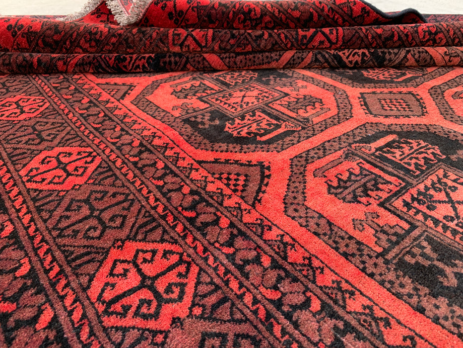 Handgemaakt Perzisch wollen vloerkleed 7x10 - Rood & Zwart geometrisch Perzisch stijl tapijt - Exacte afmeting 9'5" x 6'7" - KBHM-1206