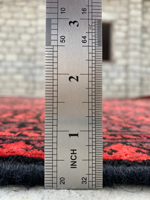 Handgemaakt Perzisch wollen vloerkleed 7x10 - Rood & Zwart geometrisch Perzisch stijl tapijt - Exacte afmeting 9'5" x 6'7" - KBHM-1206