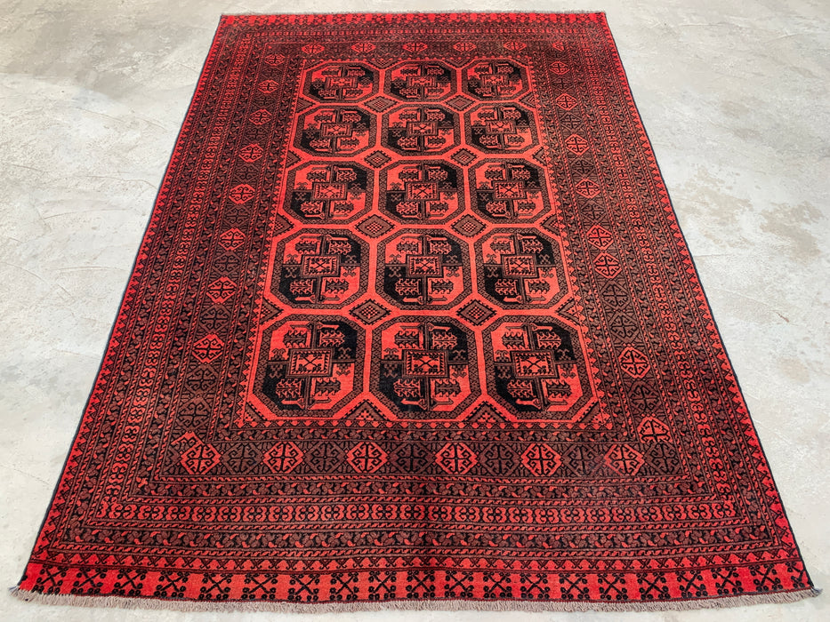 Handgemaakt Perzisch wollen vloerkleed 7x10 - Rood & Zwart geometrisch Perzisch stijl tapijt - Exacte afmeting 9'5" x 6'7" - KBHM-1206