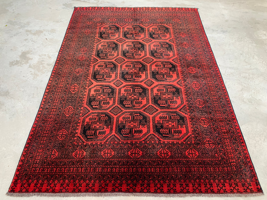 Handgemaakt Perzisch wollen vloerkleed 7x10 - Rood & Zwart geometrisch Perzisch stijl tapijt - Exacte afmeting 9'5" x 6'7" - KBHM-1206