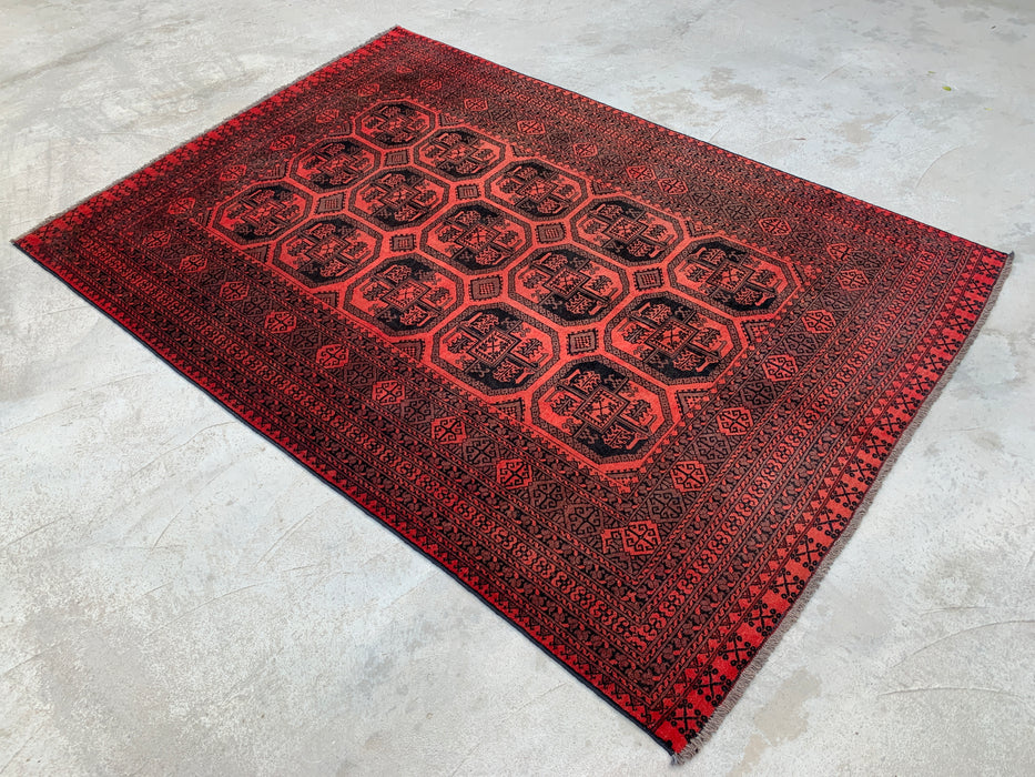 Handgemaakt Perzisch wollen vloerkleed 7x10 - Rood & Zwart geometrisch Perzisch stijl tapijt - Exacte afmeting 9'5" x 6'7" - KBHM-1206