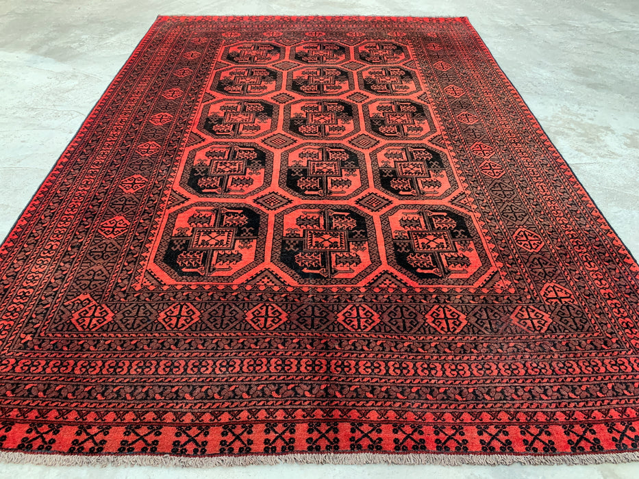 Handgemaakt Perzisch wollen vloerkleed 7x10 - Rood & Zwart geometrisch Perzisch stijl tapijt - Exacte afmeting 9'5" x 6'7" - KBHM-1206