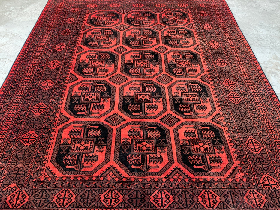 Handgemaakt Perzisch wollen vloerkleed 7x10 - Rood & Zwart geometrisch Perzisch stijl tapijt - Exacte afmeting 9'5" x 6'7" - KBHM-1206