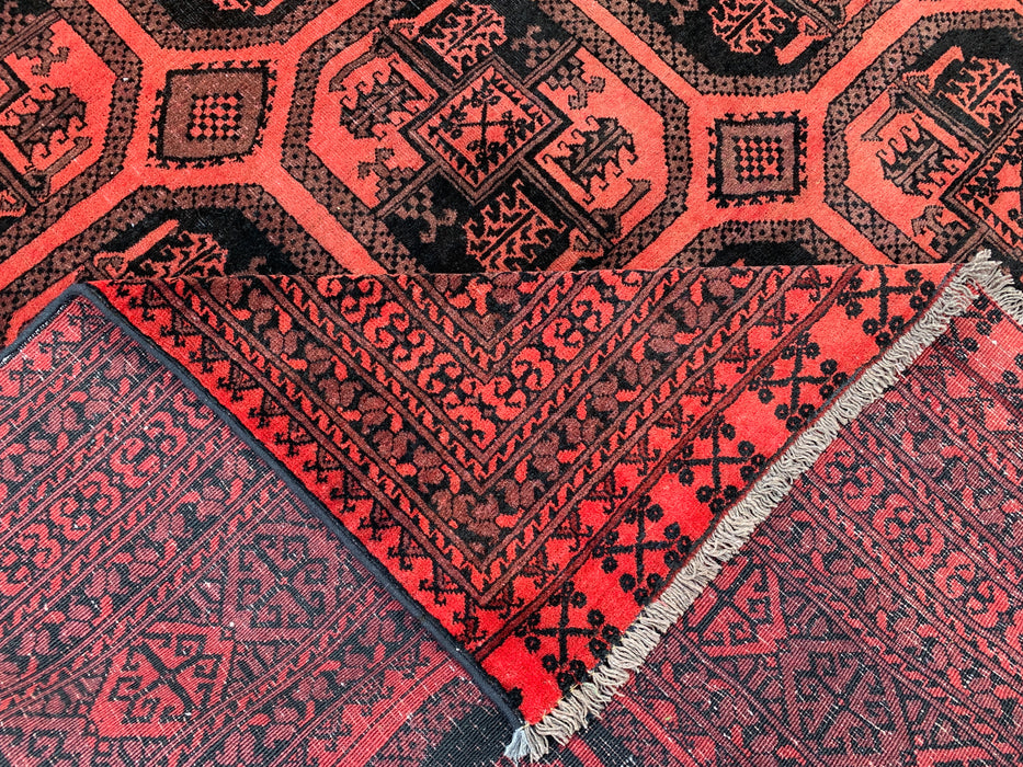 Handgemaakt Perzisch wollen vloerkleed 7x10 - Rood & Zwart geometrisch Perzisch stijl tapijt - Exacte afmeting 9'5" x 6'7" - KBHM-1206
