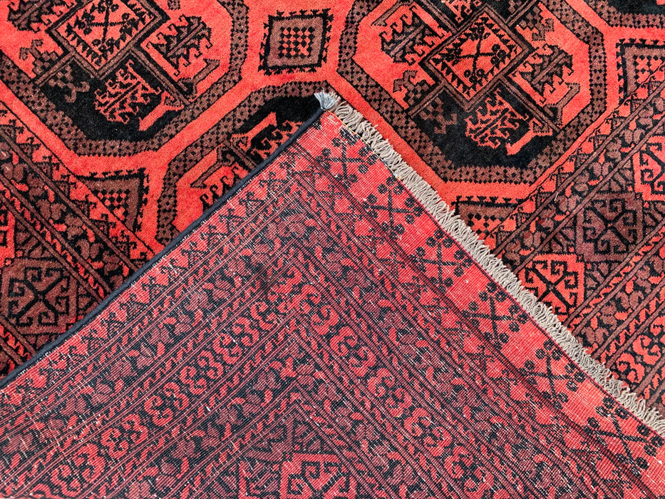 Handgemaakt Perzisch wollen vloerkleed 7x10 - Rood & Zwart geometrisch Perzisch stijl tapijt - Exacte afmeting 9'5" x 6'7" - KBHM-1206