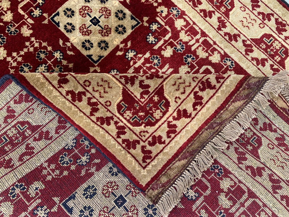 Handgeknoopt Chobi wollen tapijt 152 x 99 cm Rood Ivoor geometrisch vloerkleed - KBHM-1210