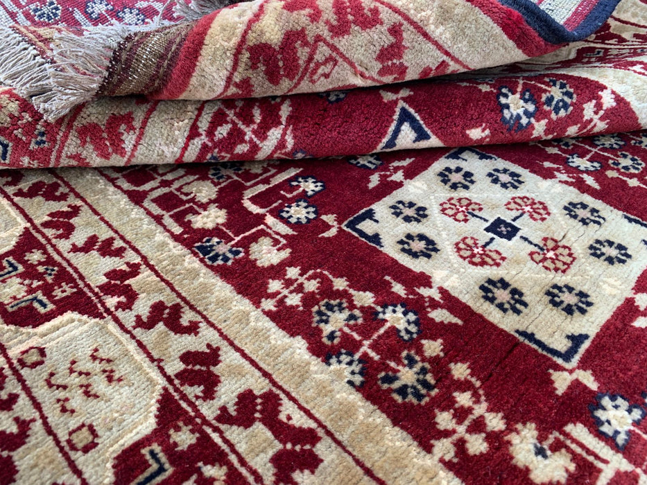 Handgeknoopt Chobi wollen tapijt 152 x 99 cm Rood Ivoor geometrisch vloerkleed - KBHM-1210