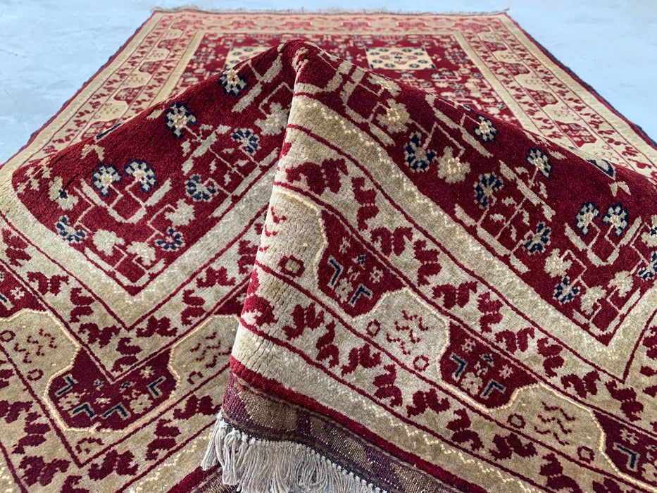 Handgeknoopt Chobi wollen tapijt 152 x 99 cm Rood Ivoor geometrisch vloerkleed - KBHM-1210