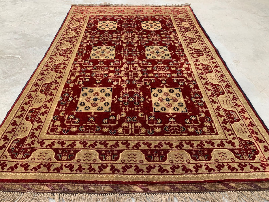 Handgeknoopt Chobi wollen tapijt 152 x 99 cm Rood Ivoor geometrisch vloerkleed - KBHM-1210