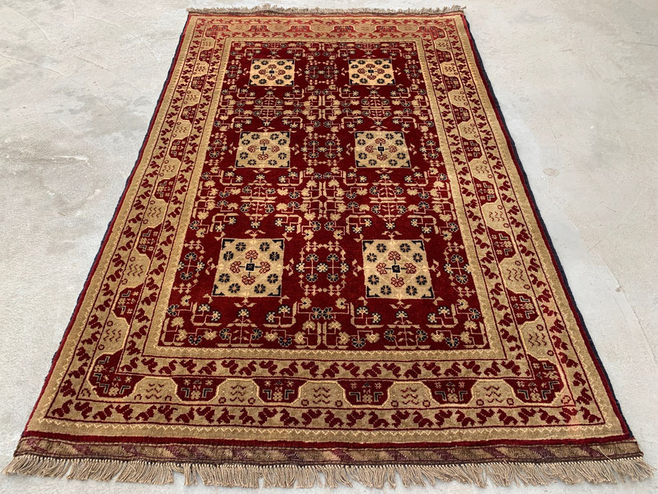 Handgeknoopt Chobi wollen tapijt 152 x 99 cm Rood Ivoor geometrisch vloerkleed - KBHM-1210