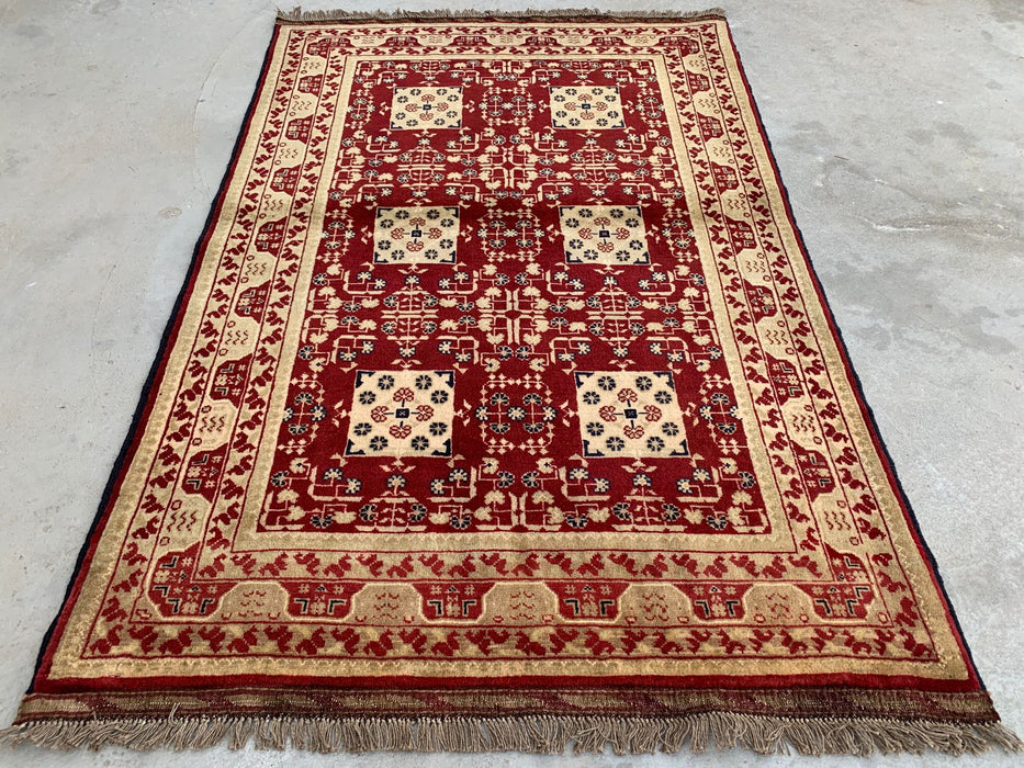 Handgeknoopt Chobi wollen tapijt 152 x 99 cm Rood Ivoor geometrisch vloerkleed - KBHM-1210