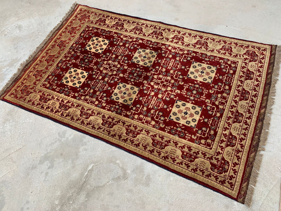 Handgeknoopt Chobi wollen tapijt 152 x 99 cm Rood Ivoor geometrisch vloerkleed - KBHM-1210