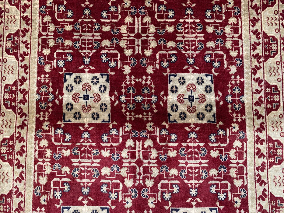Handgeknoopt Chobi wollen tapijt 152 x 99 cm Rood Ivoor geometrisch vloerkleed - KBHM-1210