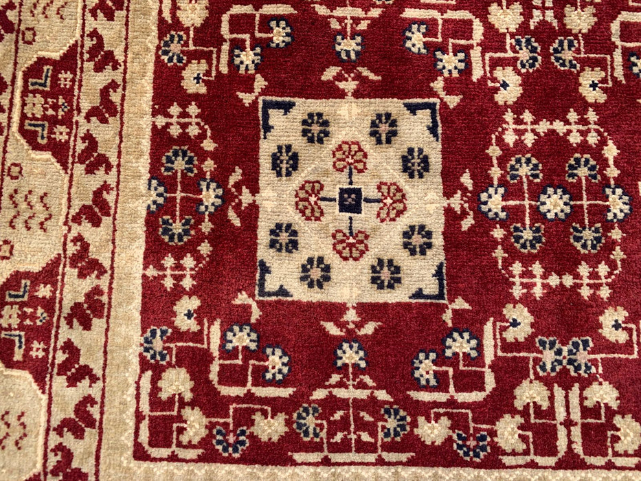 Handgeknoopt Chobi wollen tapijt 152 x 99 cm Rood Ivoor geometrisch vloerkleed - KBHM-1210