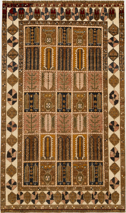 Handgeweven Perzisch wollen vloerkleed 7x10 - Perzisch stijl kleed in beige, taupe en ivoor met paneelmotief - Exacte afmetingen 9'3" x 6'2" - KBHM-1106