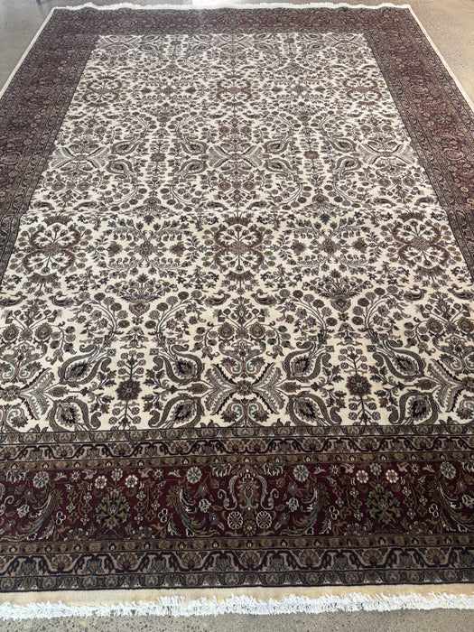 Hand-Knotted Wool Area Rug – Ivory Floral with Deep Brown Border – 10' x 14'
