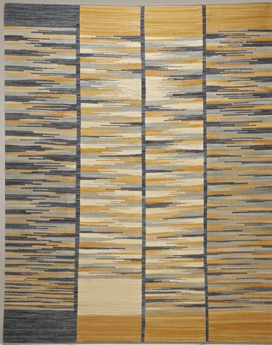 Handgeweven wollen Kilim-vloerkleed – Grijs / Goud gestreept paneel – 246 x 310 cm