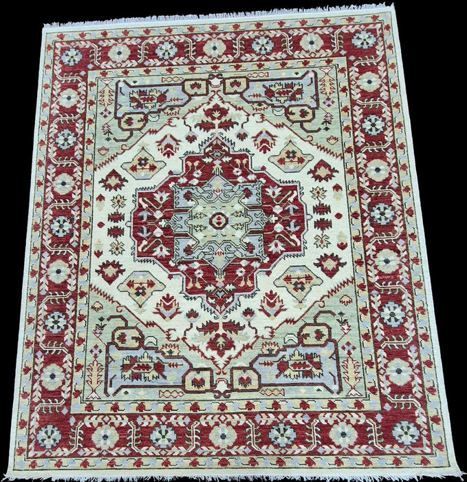 8x10 voet, handgeknoopt, oosters Sherapi-design, beige/rood
