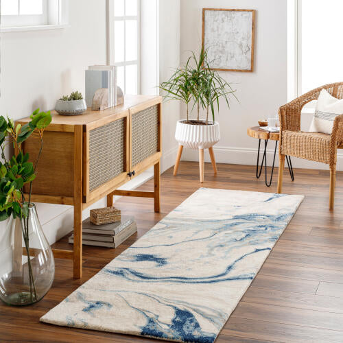Kavita Handgemaakt Vloerkleed — Marineblauw / Lichtbeige | KVT-2315