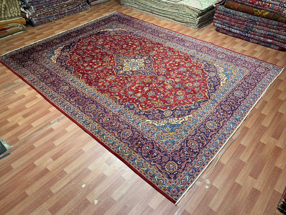 9’8” × 12’11” Hand-Knotted Wool Rug – Red with Navy & Light Blue Floral Medallion Design