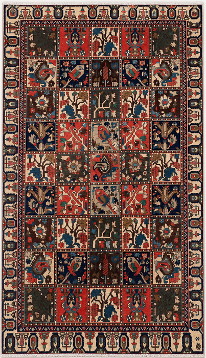 Handgemaakt Perzisch wollen vloerkleed 7x10 - Ivoor, marineblauw, rood & blauw traditioneel tuin-paneel Perzische stijl vloerkleed - Exacte afmeting 9'5" x 6'5" - KBHM-1131