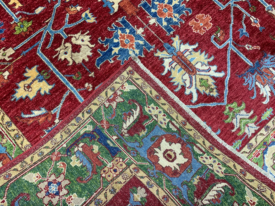 198 x 295 cm handgeknoopt Kazak wollen tapijt – Rood & Groen tribaal ontwerp