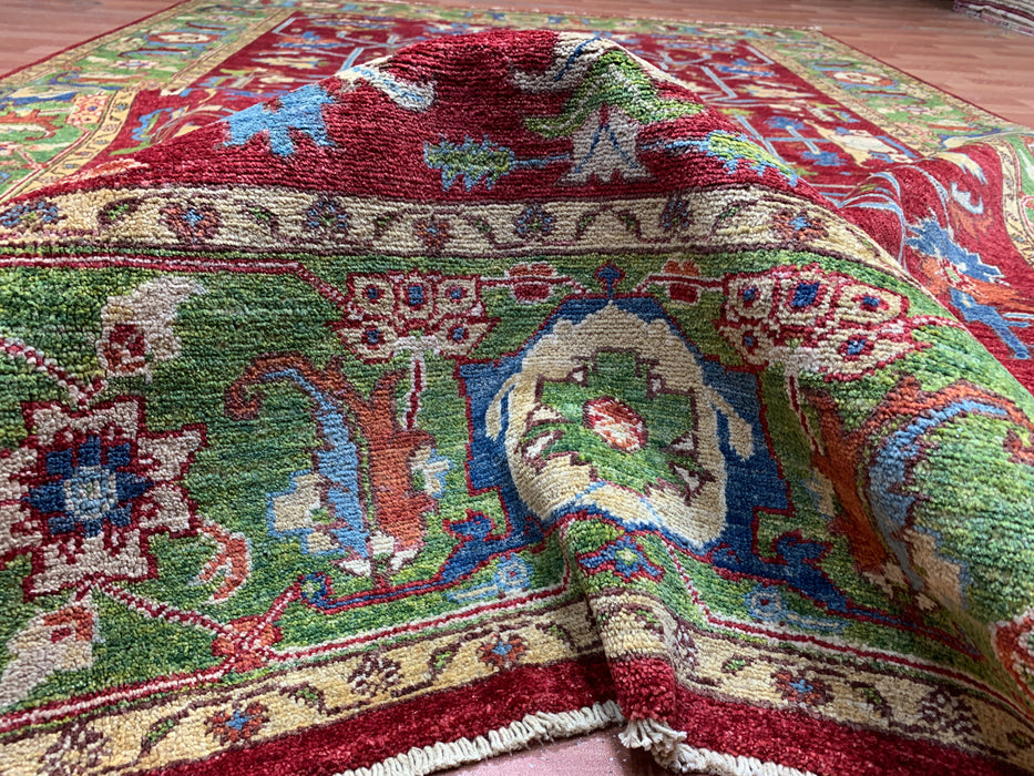 198 x 295 cm handgeknoopt Kazak wollen tapijt – Rood & Groen tribaal ontwerp