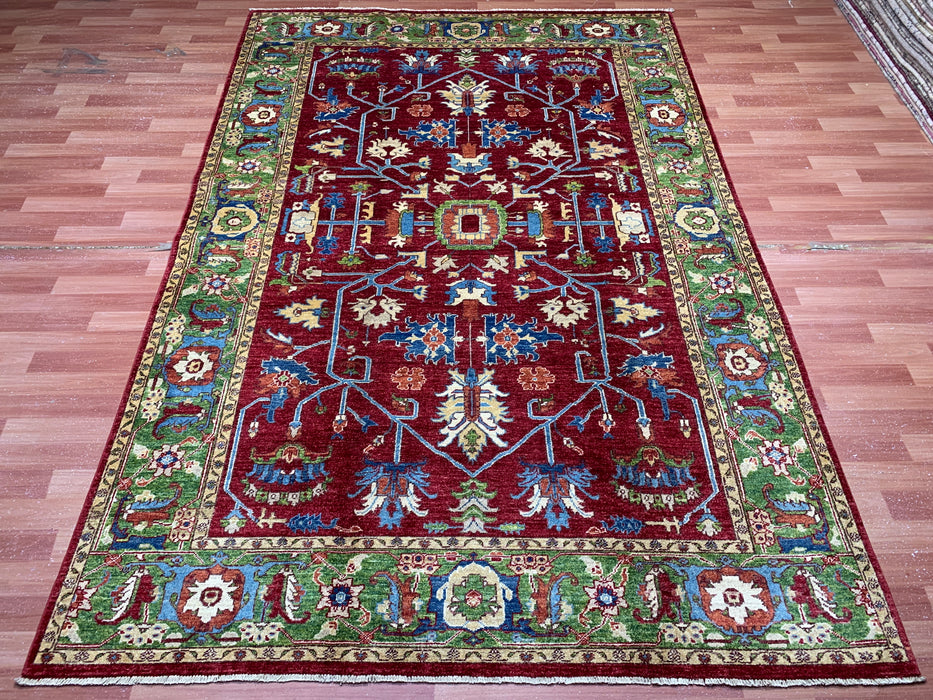 198 x 295 cm handgeknoopt Kazak wollen tapijt – Rood & Groen tribaal ontwerp
