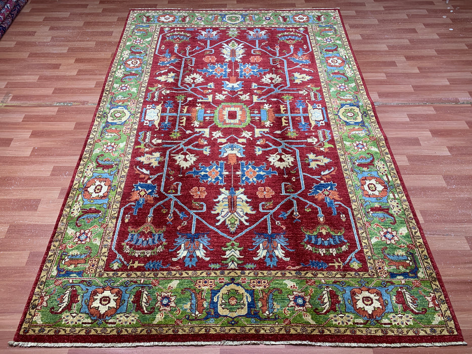 198 x 295 cm handgeknoopt Kazak wollen tapijt – Rood & Groen tribaal ontwerp