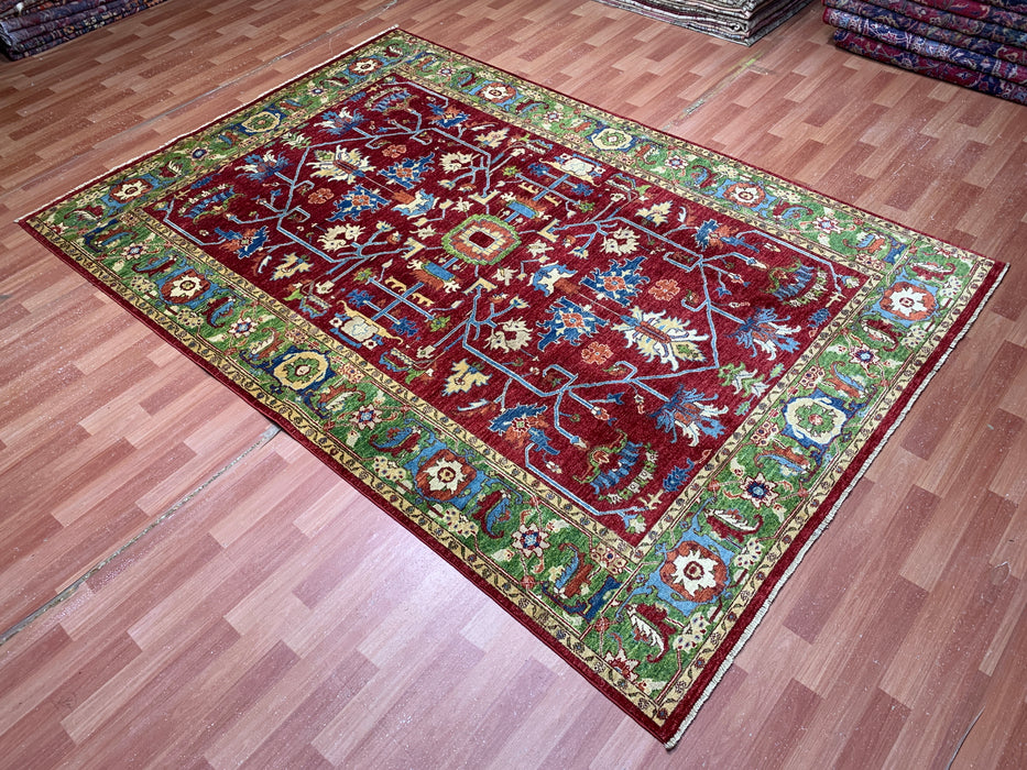 198 x 295 cm handgeknoopt Kazak wollen tapijt – Rood & Groen tribaal ontwerp