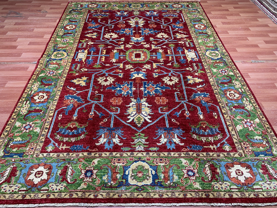 198 x 295 cm handgeknoopt Kazak wollen tapijt – Rood & Groen tribaal ontwerp