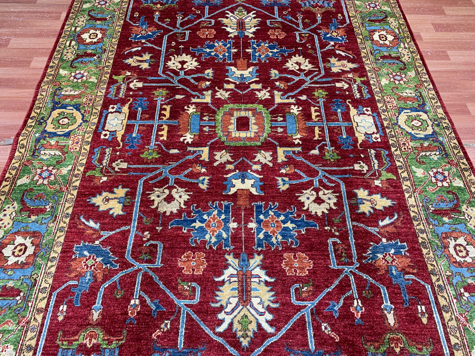 198 x 295 cm handgeknoopt Kazak wollen tapijt – Rood & Groen tribaal ontwerp