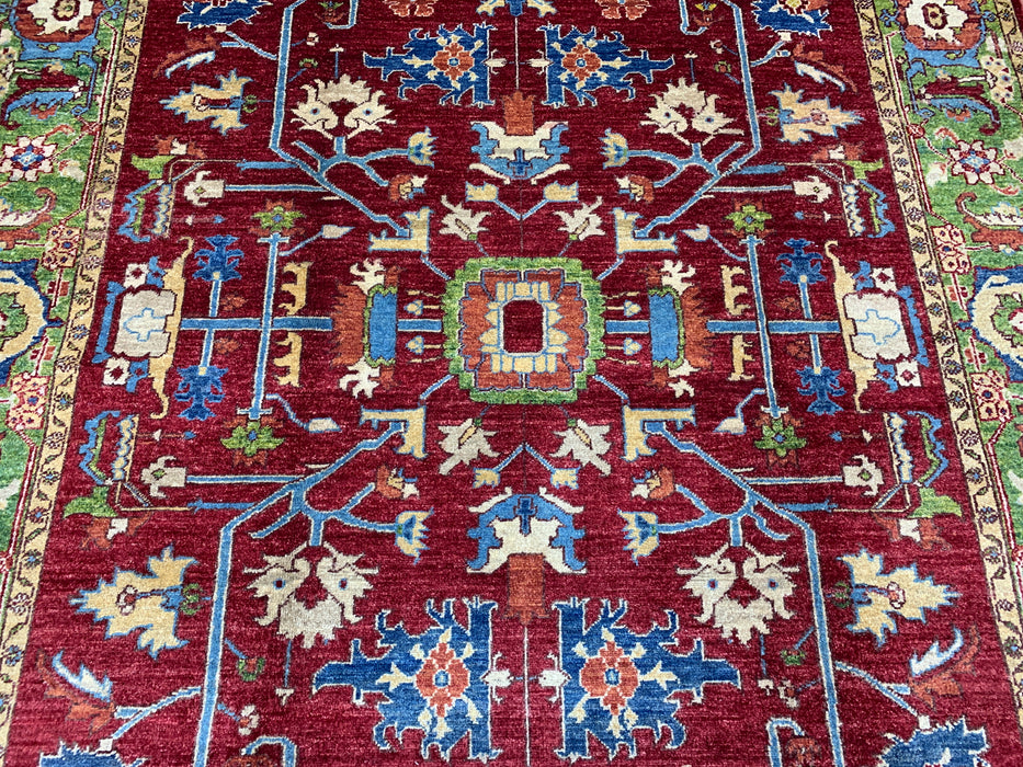 198 x 295 cm handgeknoopt Kazak wollen tapijt – Rood & Groen tribaal ontwerp
