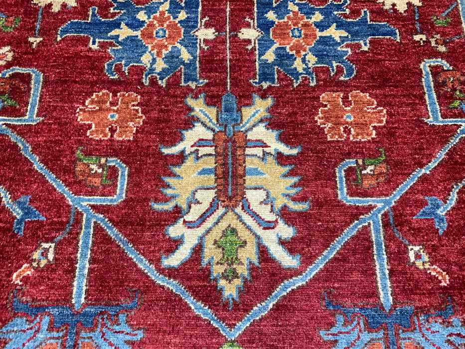 198 x 295 cm handgeknoopt Kazak wollen tapijt – Rood & Groen tribaal ontwerp