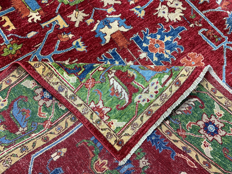 198 x 295 cm handgeknoopt Kazak wollen tapijt – Rood & Groen tribaal ontwerp