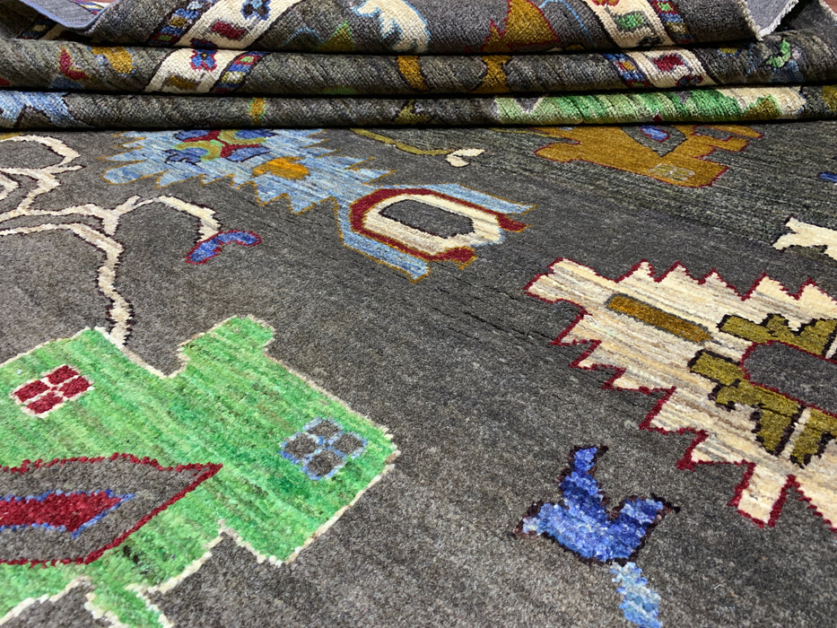 10' x 13' handgeknoopt Chobi Oushak wollen vloerkleed – Houtskool met veelkleurige bloem- en tribale motieven