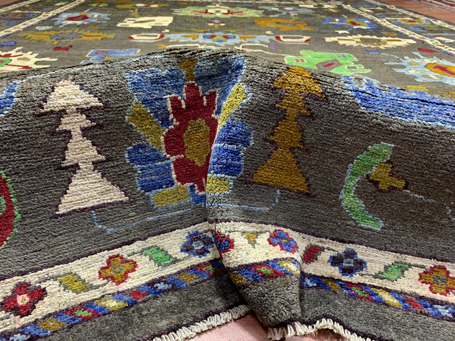 10' x 13' handgeknoopt Chobi Oushak wollen vloerkleed – Houtskool met veelkleurige bloem- en tribale motieven