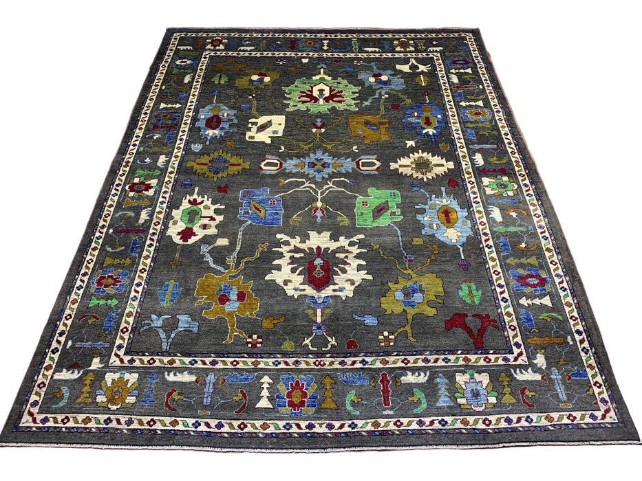 10' x 13' handgeknoopt Chobi Oushak wollen vloerkleed – Houtskool met veelkleurige bloem- en tribale motieven