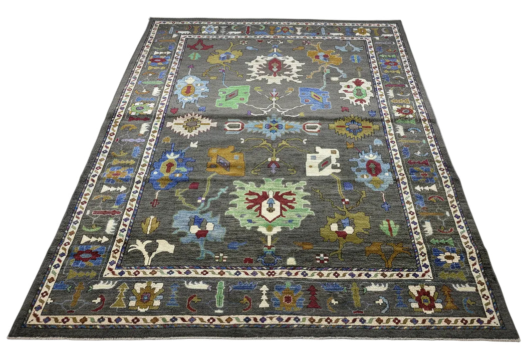10' x 13' handgeknoopt Chobi Oushak wollen vloerkleed – Houtskool met veelkleurige bloem- en tribale motieven