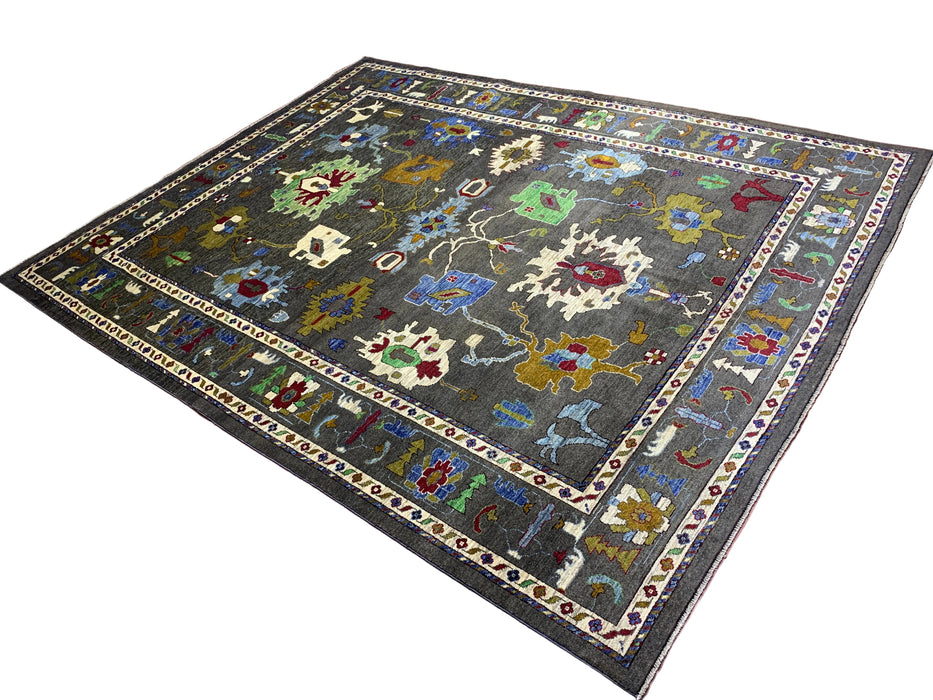 10' x 13' handgeknoopt Chobi Oushak wollen vloerkleed – Houtskool met veelkleurige bloem- en tribale motieven