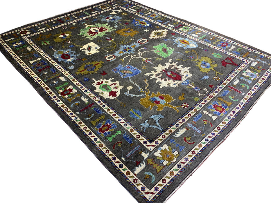 10' x 13' handgeknoopt Chobi Oushak wollen vloerkleed – Houtskool met veelkleurige bloem- en tribale motieven